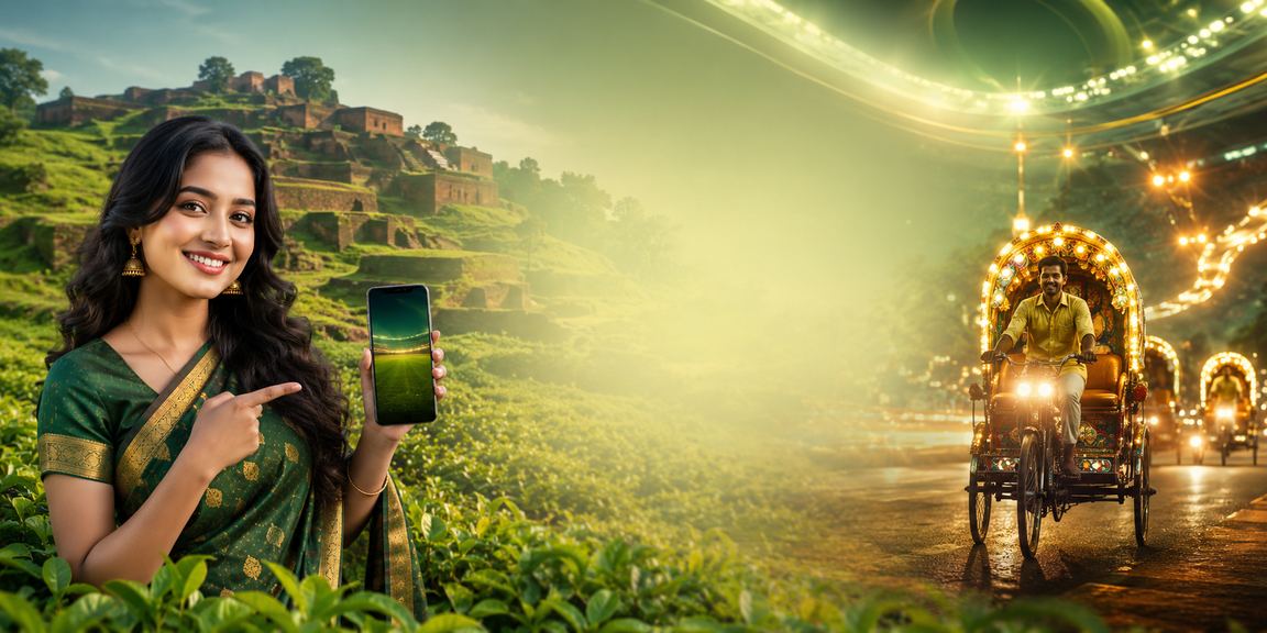 A user enjoying live betting on mobile at a tea garden in Dhaka