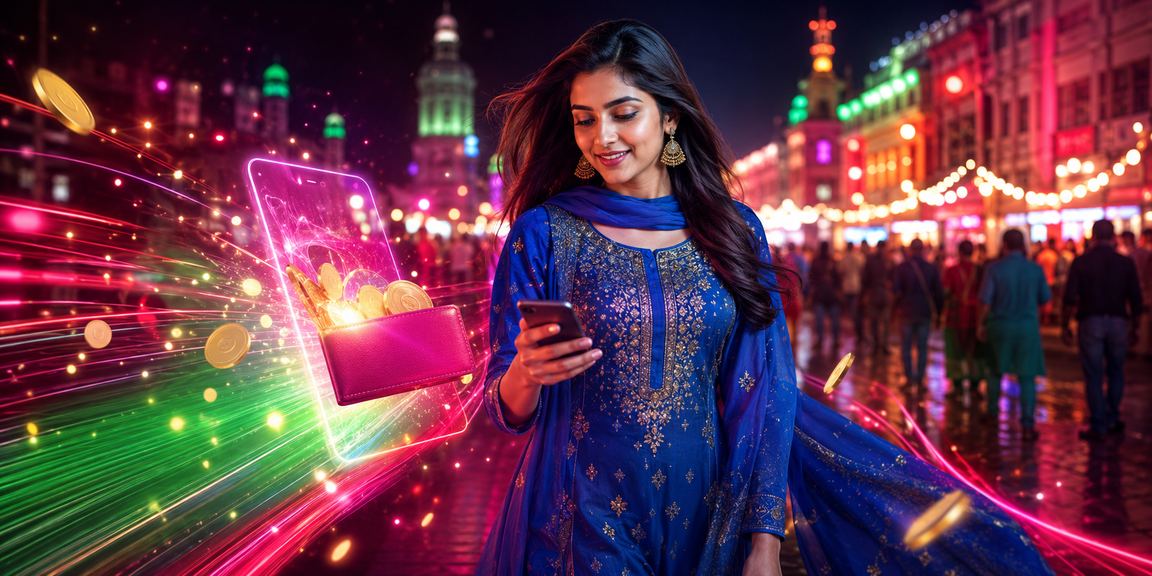 A woman in a salwar kameez making a mobile payment in Narayanganj